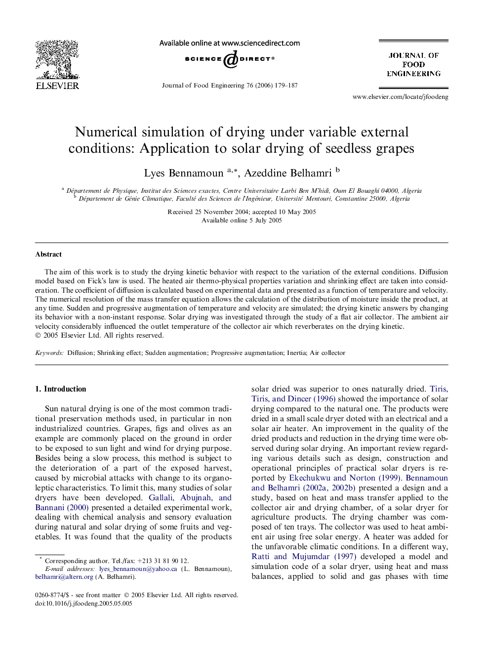 Numerical simulation of drying under variable external conditions: Application to solar drying of seedless grapes