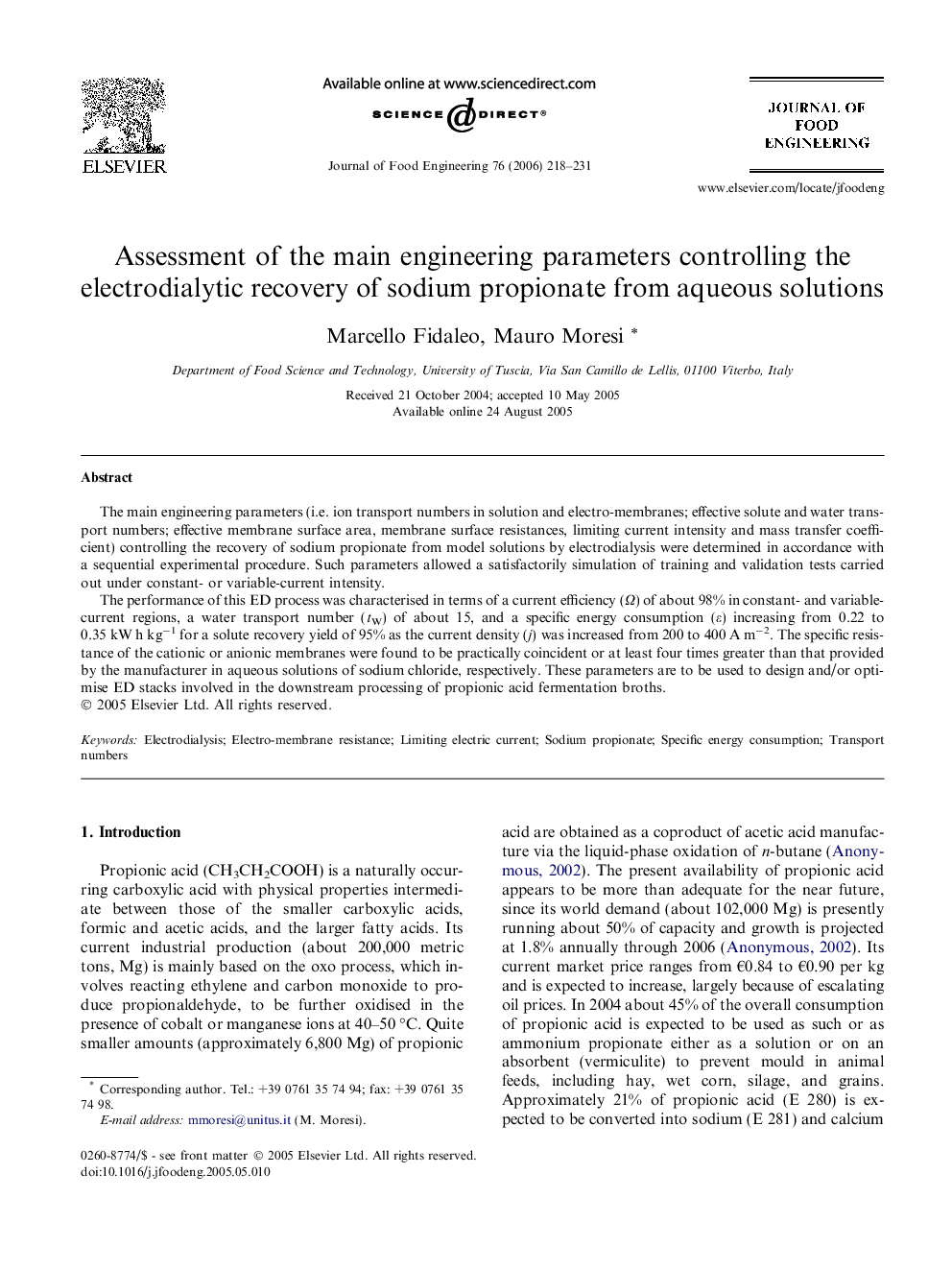 Assessment of the main engineering parameters controlling the electrodialytic recovery of sodium propionate from aqueous solutions