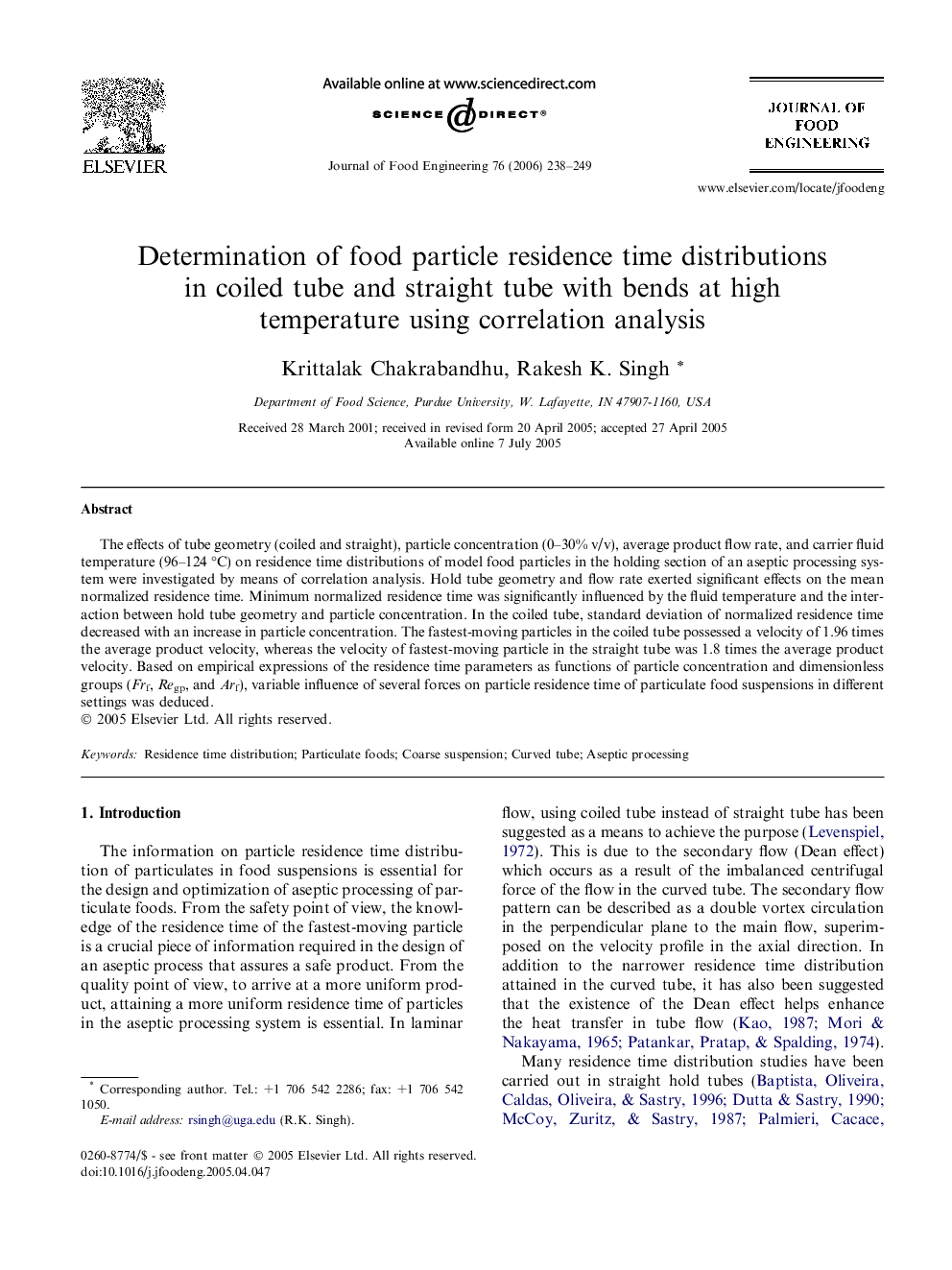 Determination of food particle residence time distributions in coiled tube and straight tube with bends at high temperature using correlation analysis