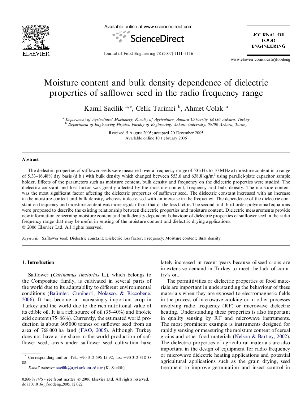 Moisture content and bulk density dependence of dielectric properties of safflower seed in the radio frequency range