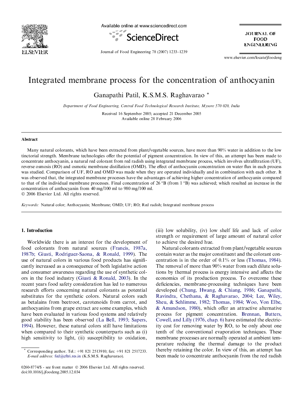 Integrated membrane process for the concentration of anthocyanin