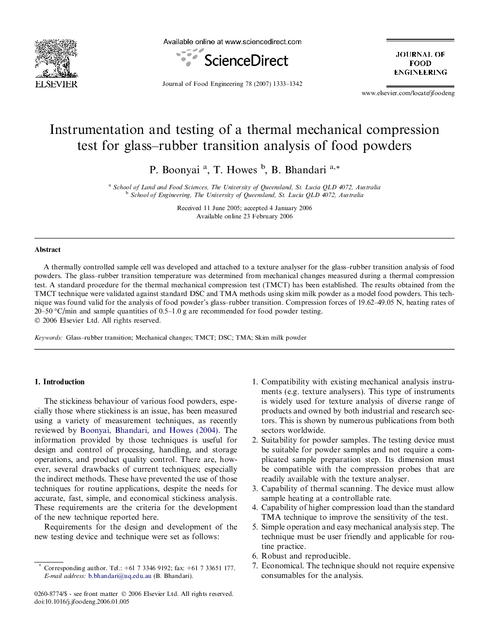 Instrumentation and testing of a thermal mechanical compression test for glass–rubber transition analysis of food powders