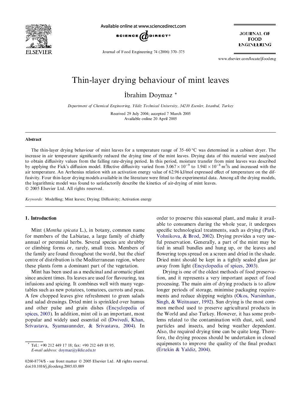 Thin-layer drying behaviour of mint leaves