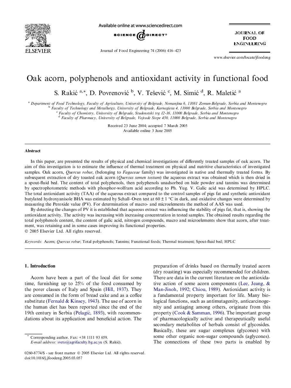 Oak acorn, polyphenols and antioxidant activity in functional food