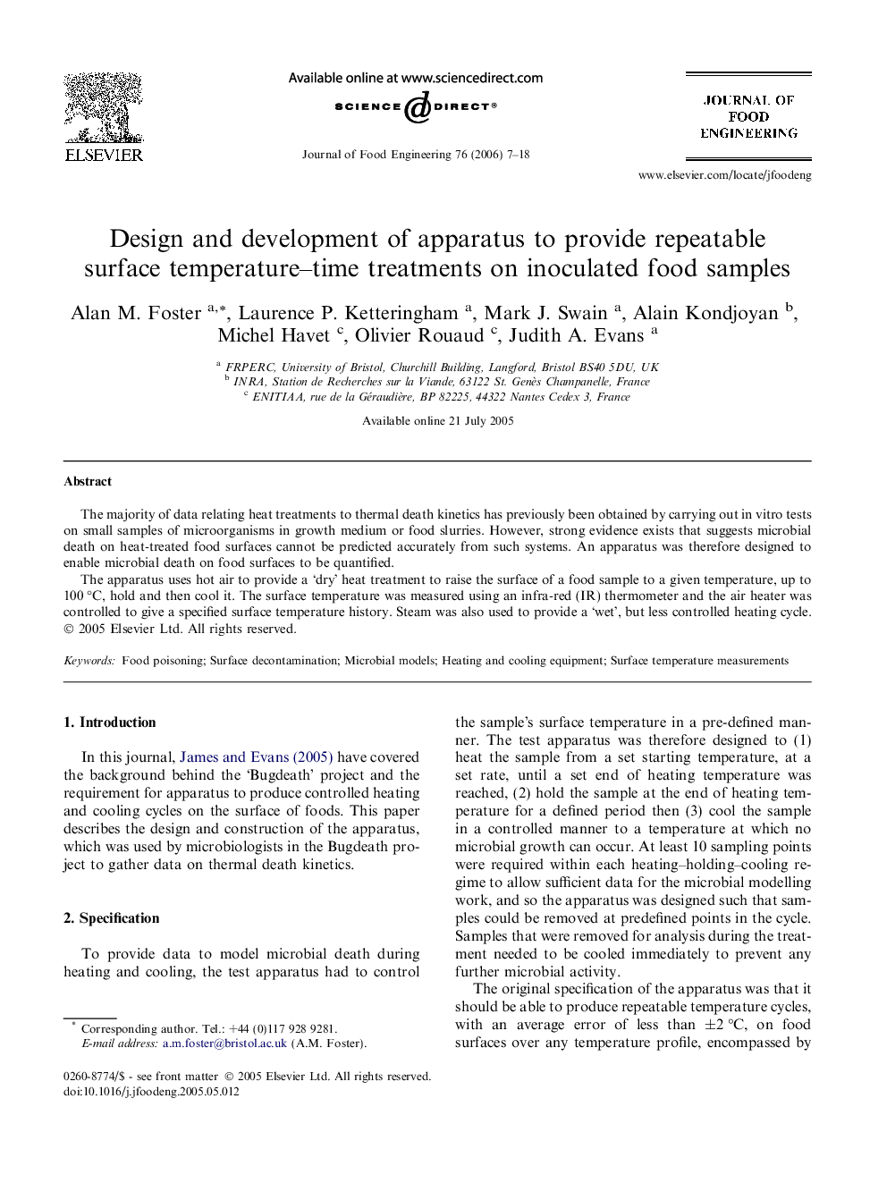 Design and development of apparatus to provide repeatable surface temperature–time treatments on inoculated food samples