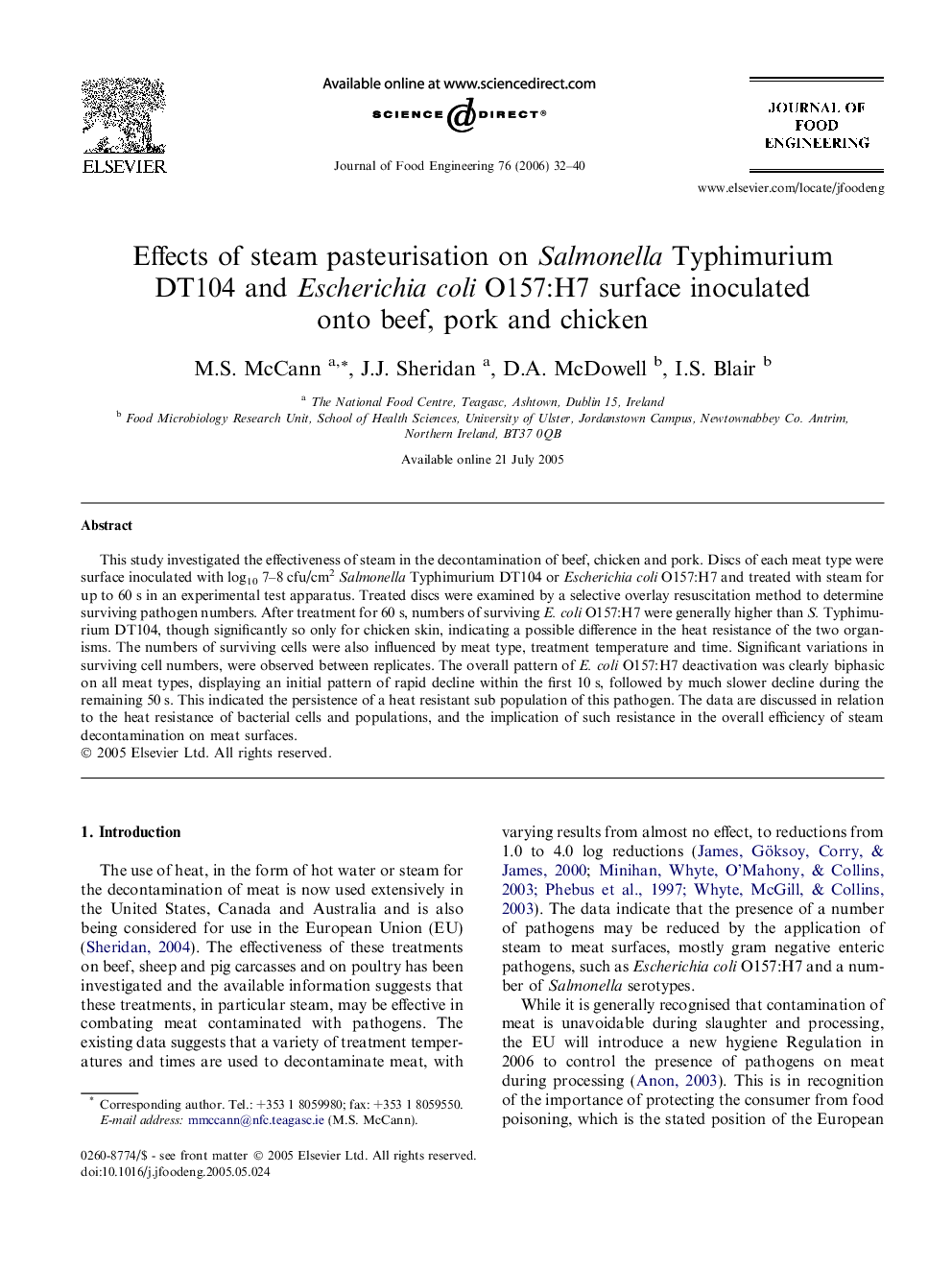 Effects of steam pasteurisation on Salmonella Typhimurium DT104 and Escherichia coli O157:H7 surface inoculated onto beef, pork and chicken