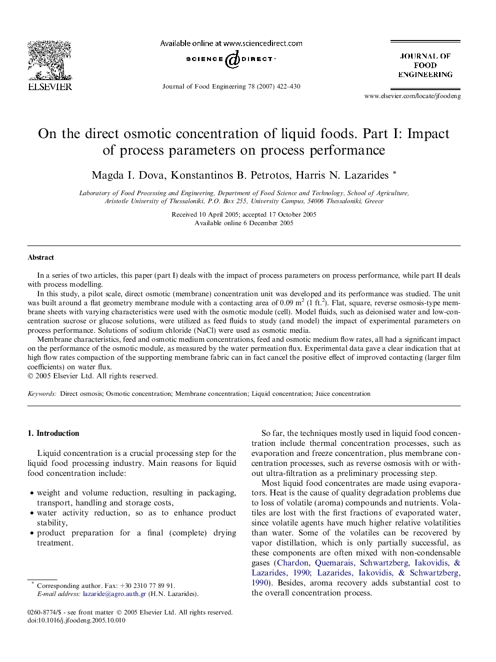 On the direct osmotic concentration of liquid foods. Part I: Impact of process parameters on process performance