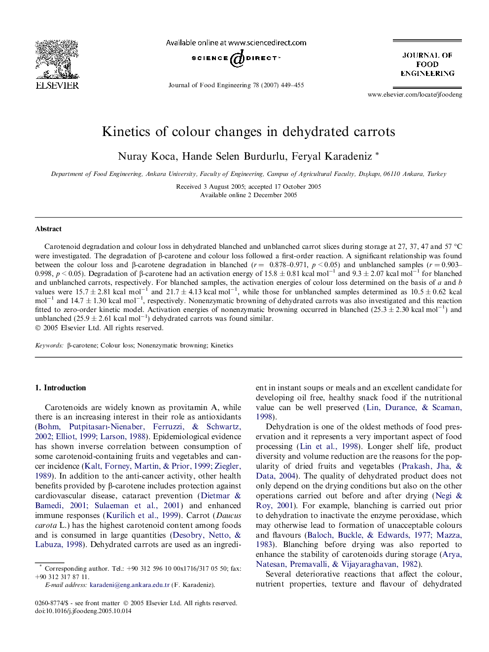 Kinetics of colour changes in dehydrated carrots