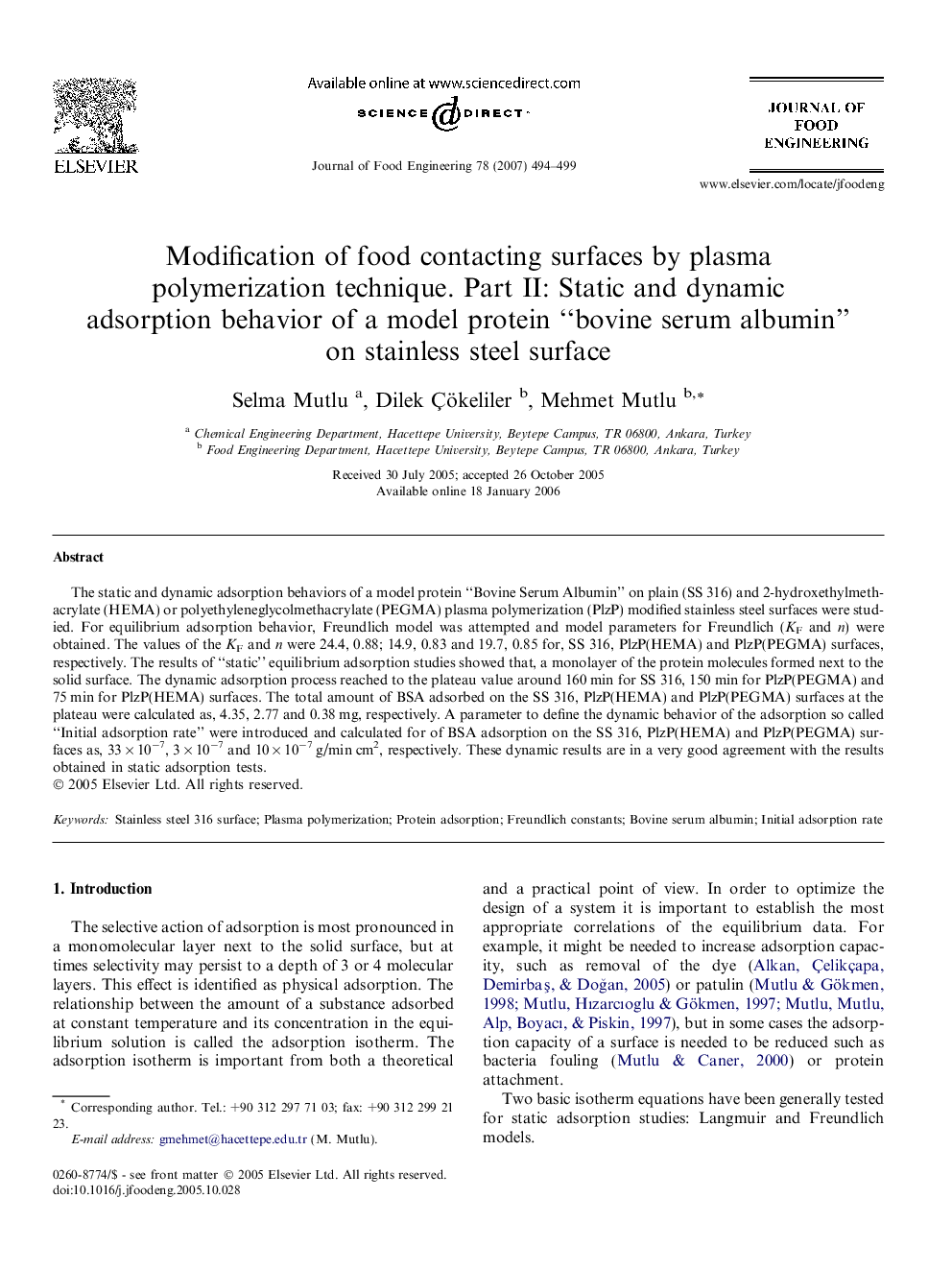 Modification of food contacting surfaces by plasma polymerization technique. Part II: Static and dynamic adsorption behavior of a model protein “bovine serum albumin” on stainless steel surface