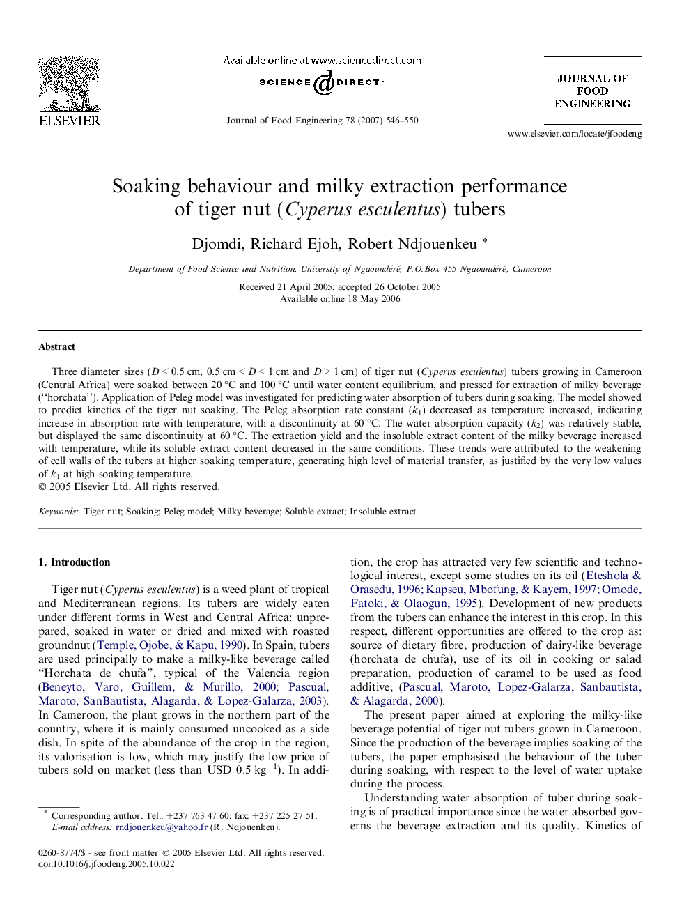 Soaking behaviour and milky extraction performance of tiger nut (Cyperus esculentus) tubers