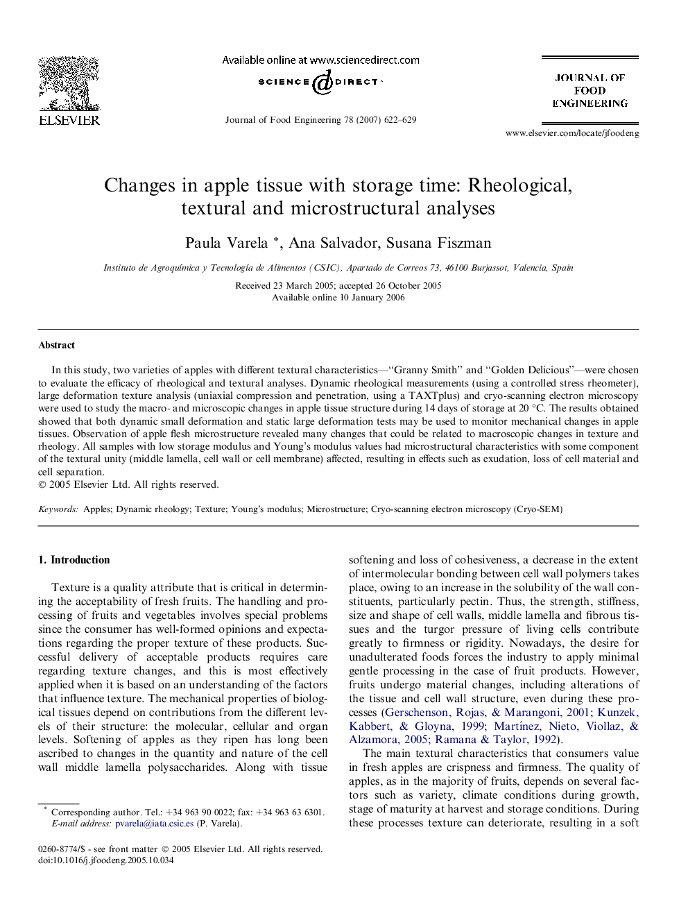 Changes in apple tissue with storage time: Rheological, textural and microstructural analyses