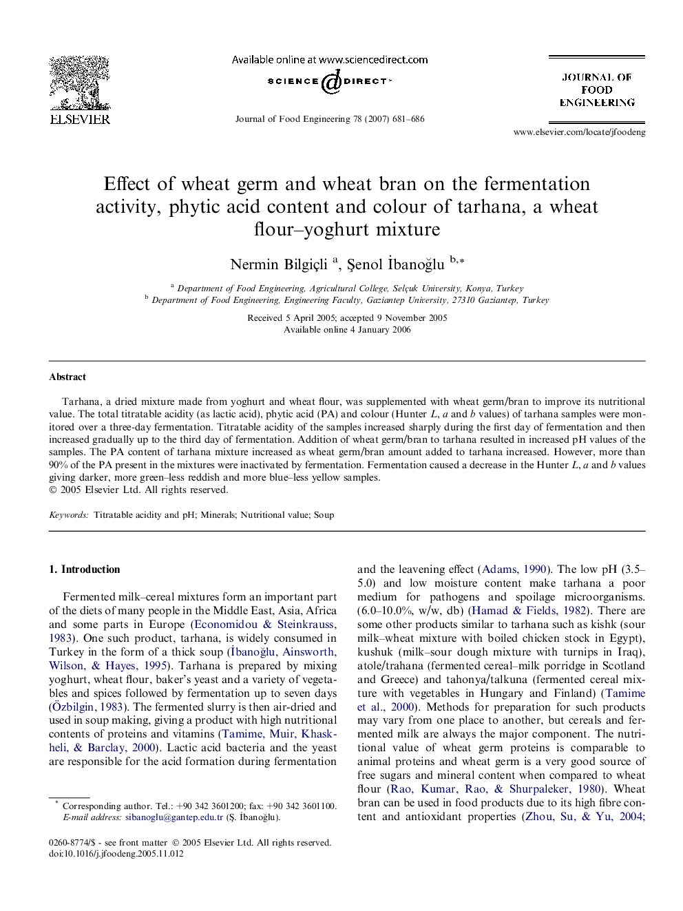 Effect of wheat germ and wheat bran on the fermentation activity, phytic acid content and colour of tarhana, a wheat flour–yoghurt mixture