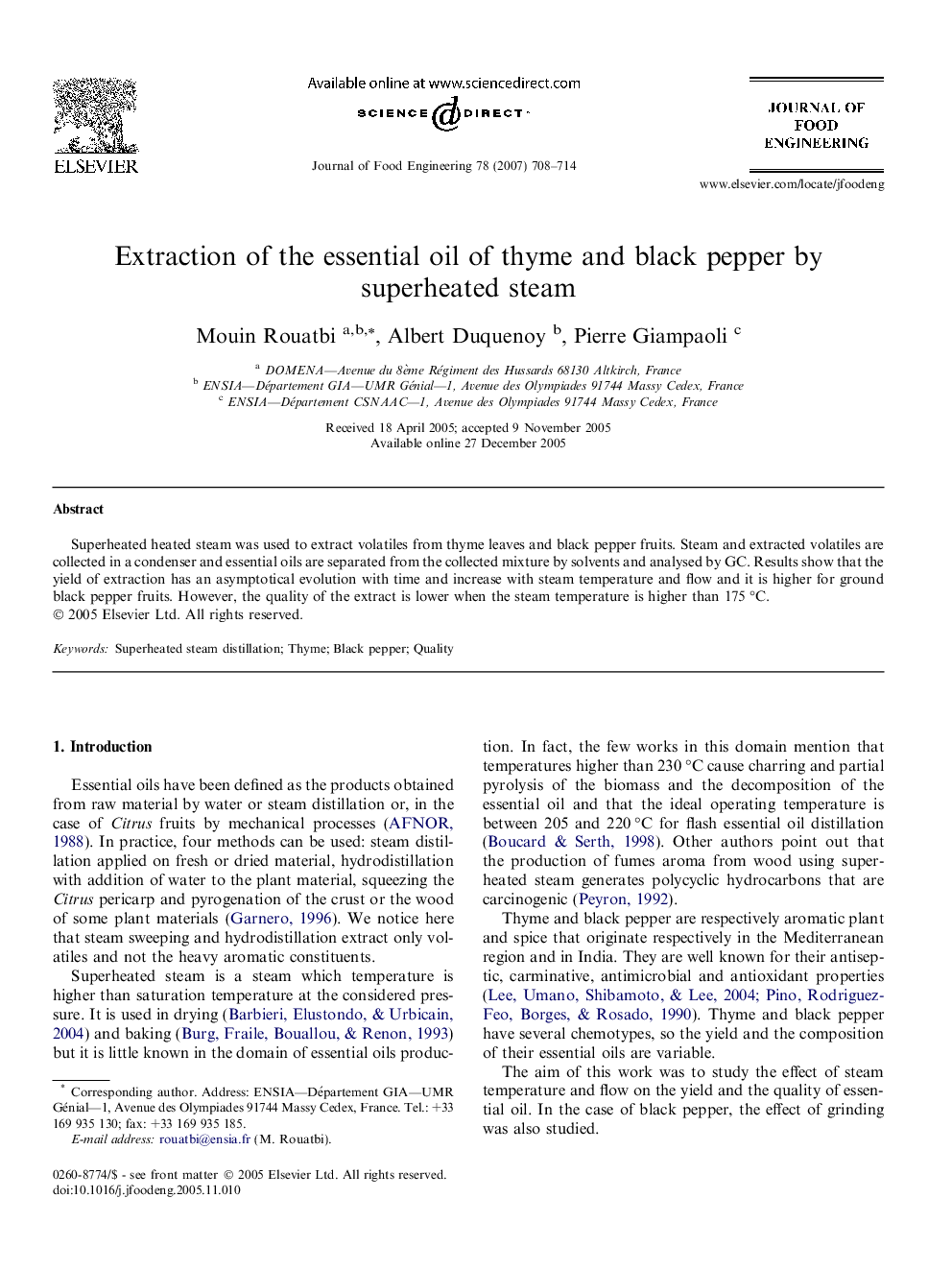 Extraction of the essential oil of thyme and black pepper by superheated steam