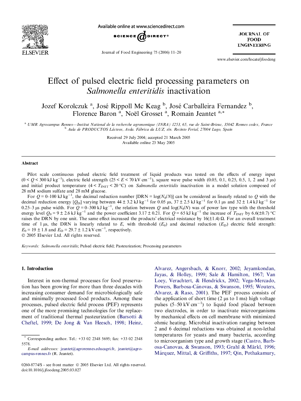 Effect of pulsed electric field processing parameters on Salmonella enteritidis inactivation