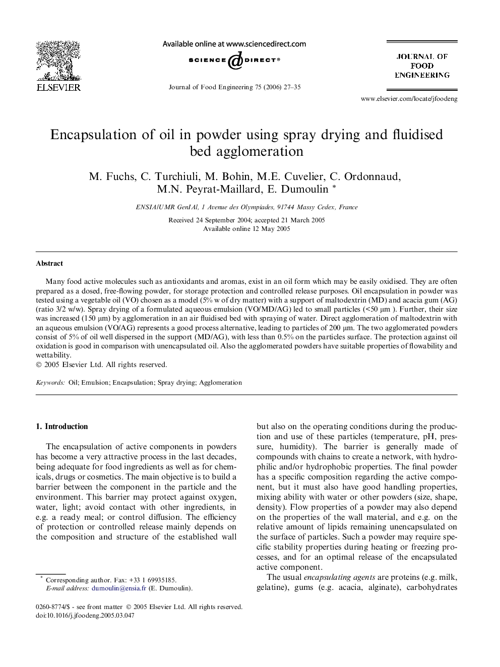 Encapsulation of oil in powder using spray drying and fluidised bed agglomeration