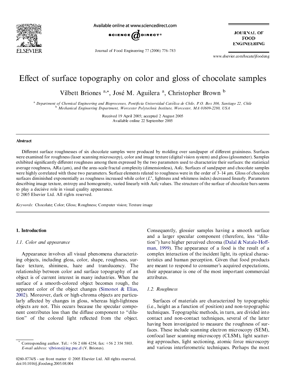 Effect of surface topography on color and gloss of chocolate samples