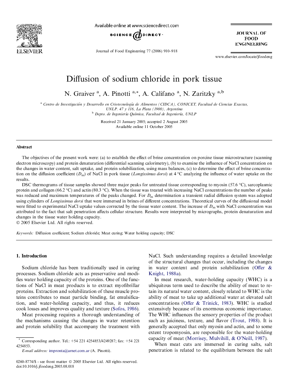 Diffusion of sodium chloride in pork tissue