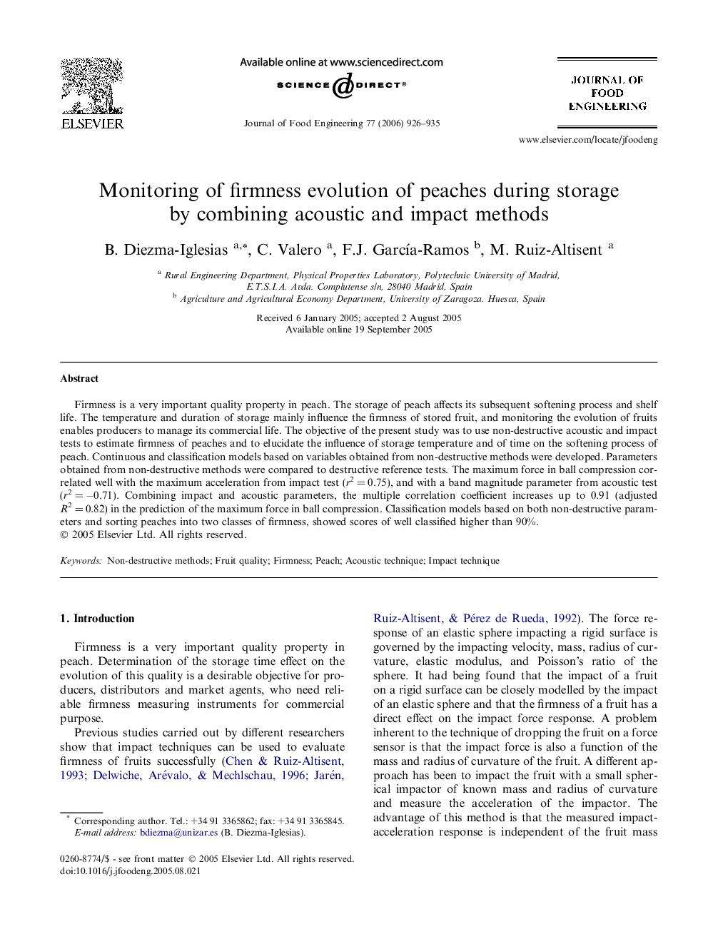 Monitoring of firmness evolution of peaches during storage by combining acoustic and impact methods