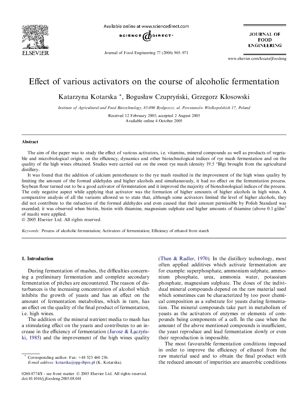 Effect of various activators on the course of alcoholic fermentation