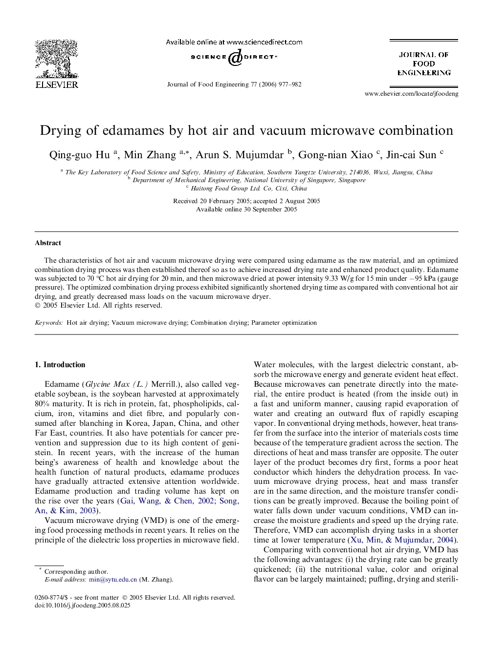 Drying of edamames by hot air and vacuum microwave combination