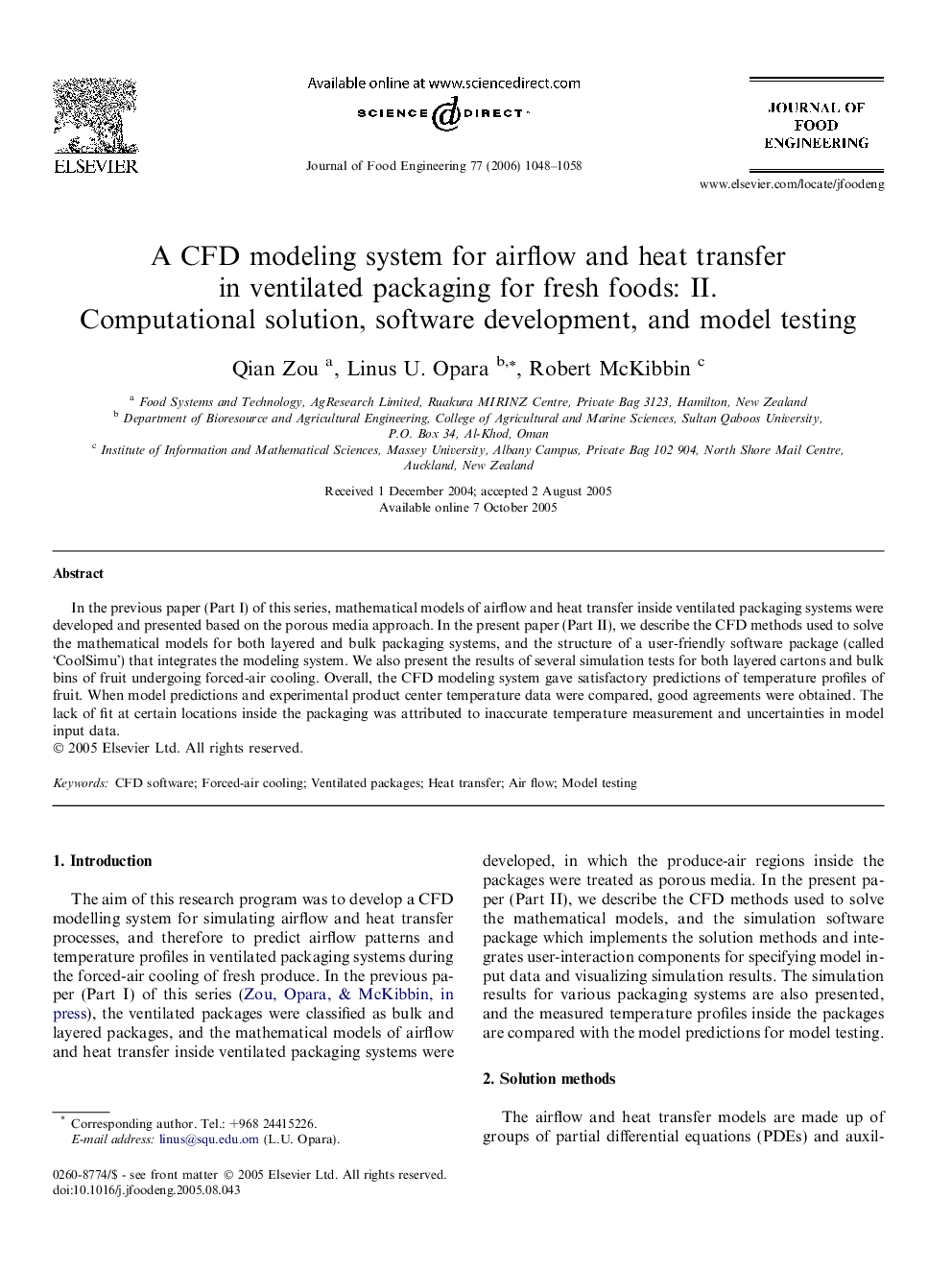 A CFD modeling system for airflow and heat transfer in ventilated packaging for fresh foods:: II. Computational solution, software development, and model testing