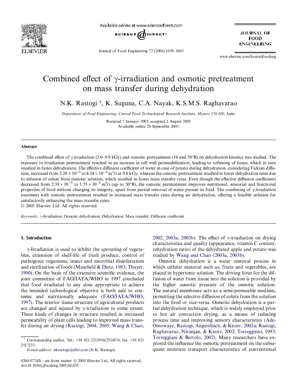 Combined effect of γ-irradiation and osmotic pretreatment on mass transfer during dehydration