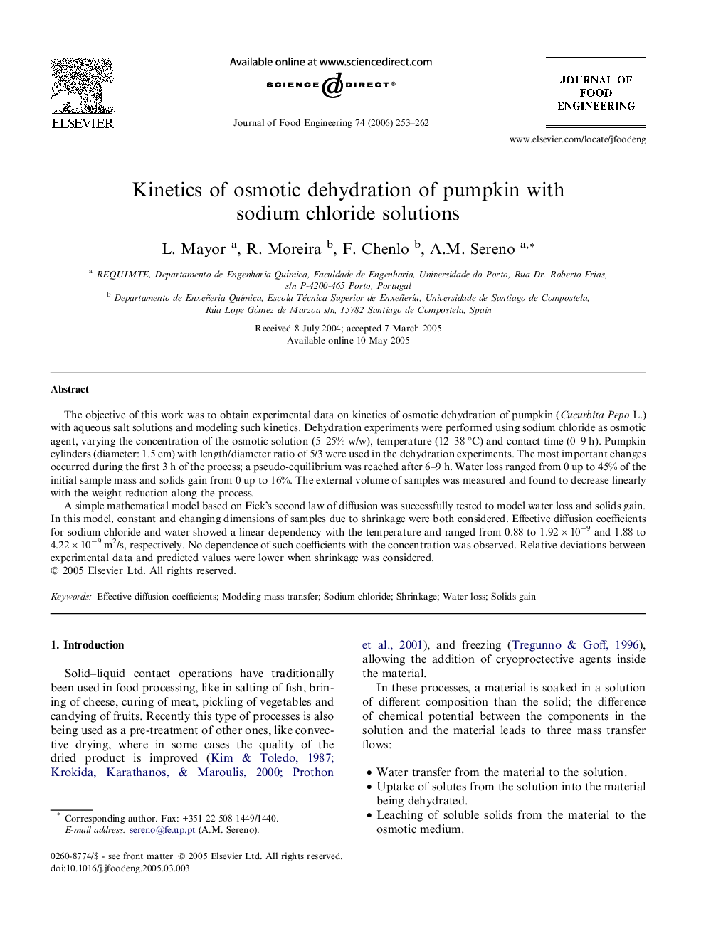 Kinetics of osmotic dehydration of pumpkin with sodium chloride solutions