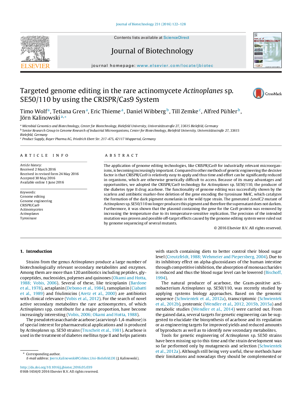 Targeted genome editing in the rare actinomycete Actinoplanes sp. SE50/110 by using the CRISPR/Cas9 System