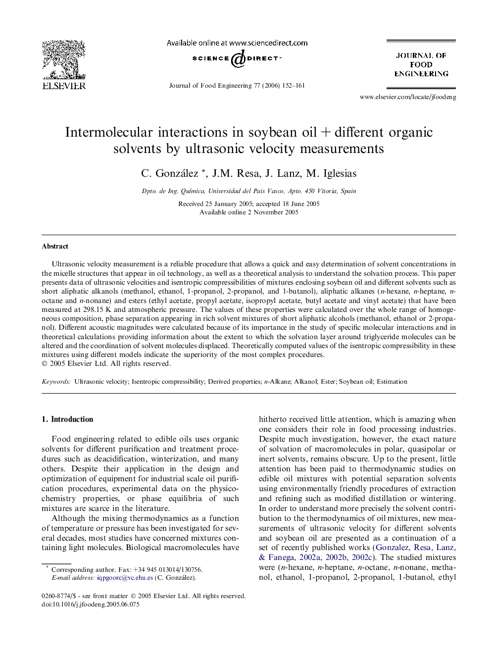 Intermolecular interactions in soybean oil + different organic solvents by ultrasonic velocity measurements