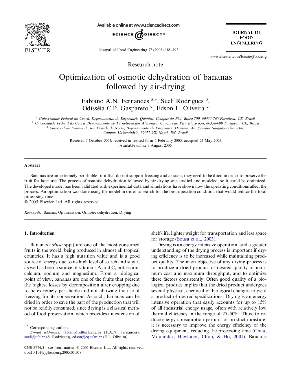 Optimization of osmotic dehydration of bananas followed by air-drying