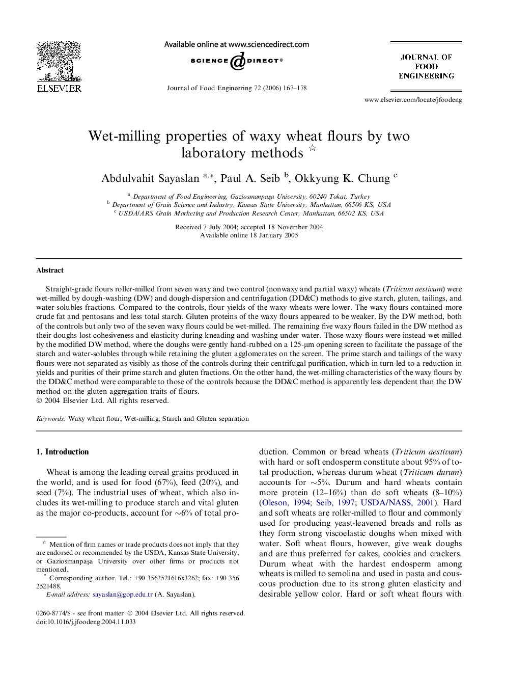 Wet-milling properties of waxy wheat flours by two laboratory methods 