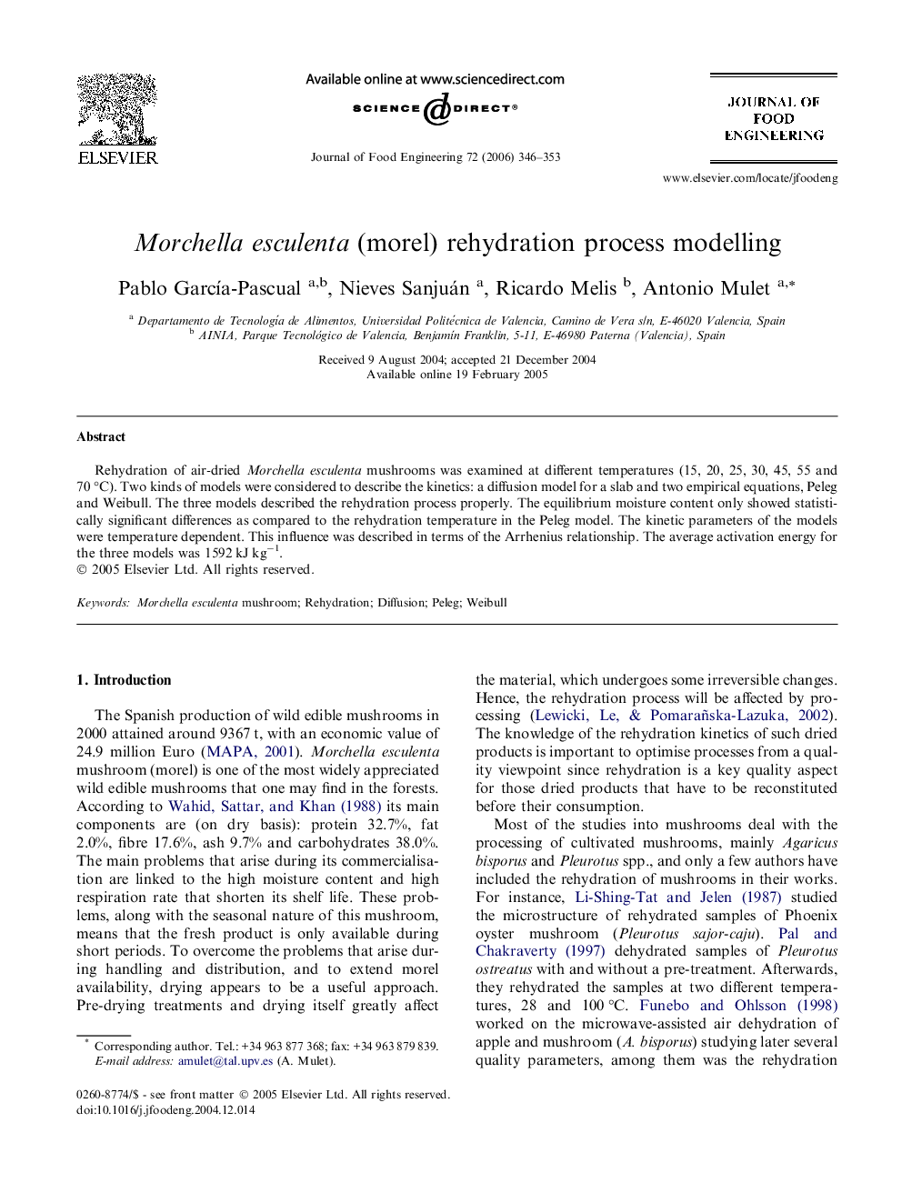 Morchella esculenta (morel) rehydration process modelling