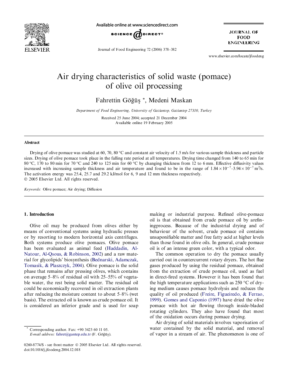 Air drying characteristics of solid waste (pomace) of olive oil processing