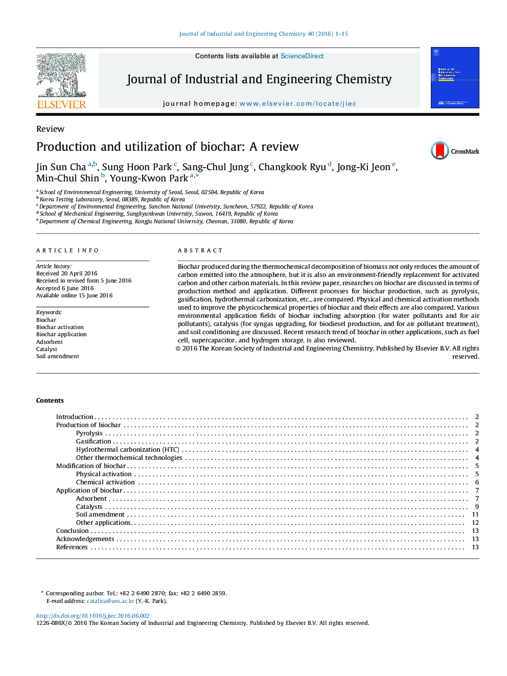 Production and utilization of biochar: A review