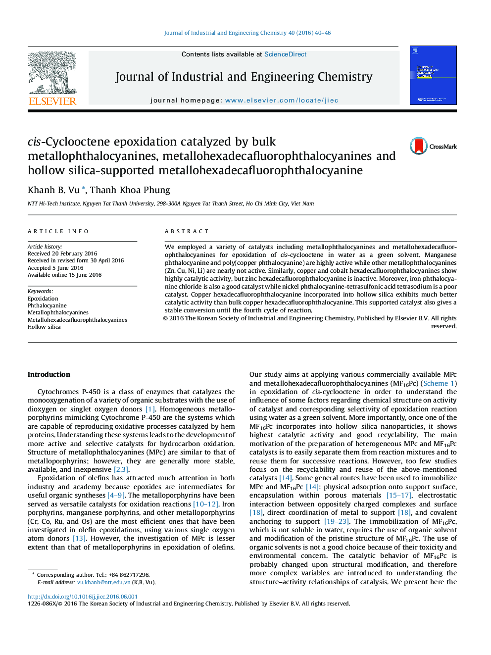 cis-Cyclooctene epoxidation catalyzed by bulk metallophthalocyanines, metallohexadecafluorophthalocyanines and hollow silica-supported metallohexadecafluorophthalocyanine