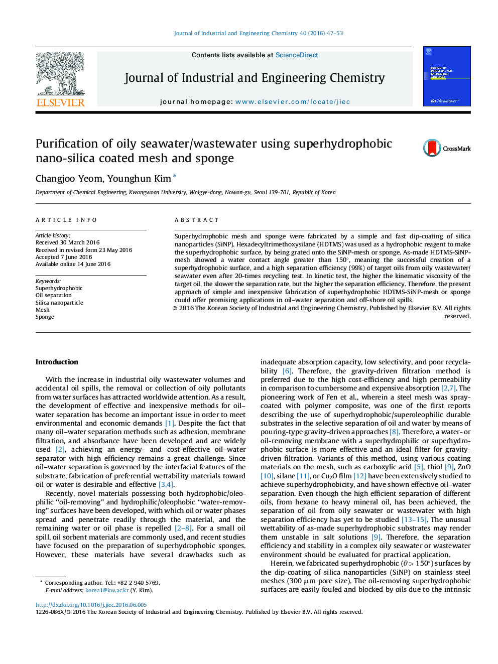 Purification of oily seawater/wastewater using superhydrophobic nano-silica coated mesh and sponge