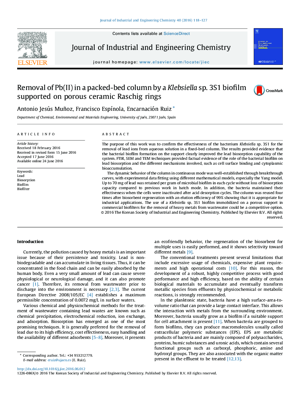 Removal of Pb(II) in a packed-bed column by a Klebsiella sp. 3S1 biofilm supported on porous ceramic Raschig rings