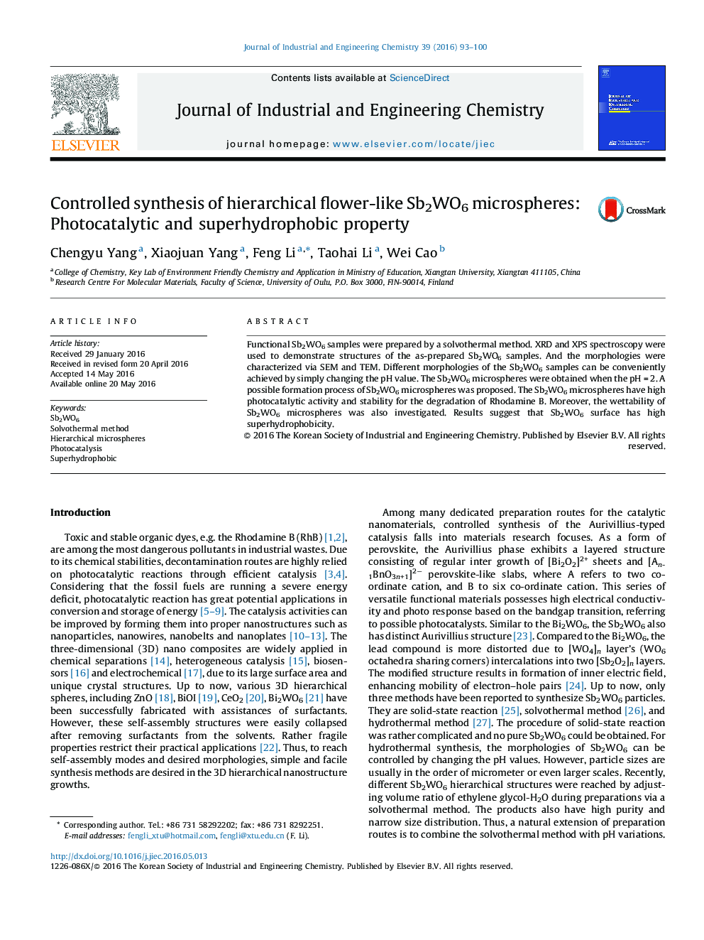 Controlled synthesis of hierarchical flower-like Sb2WO6 microspheres: Photocatalytic and superhydrophobic property