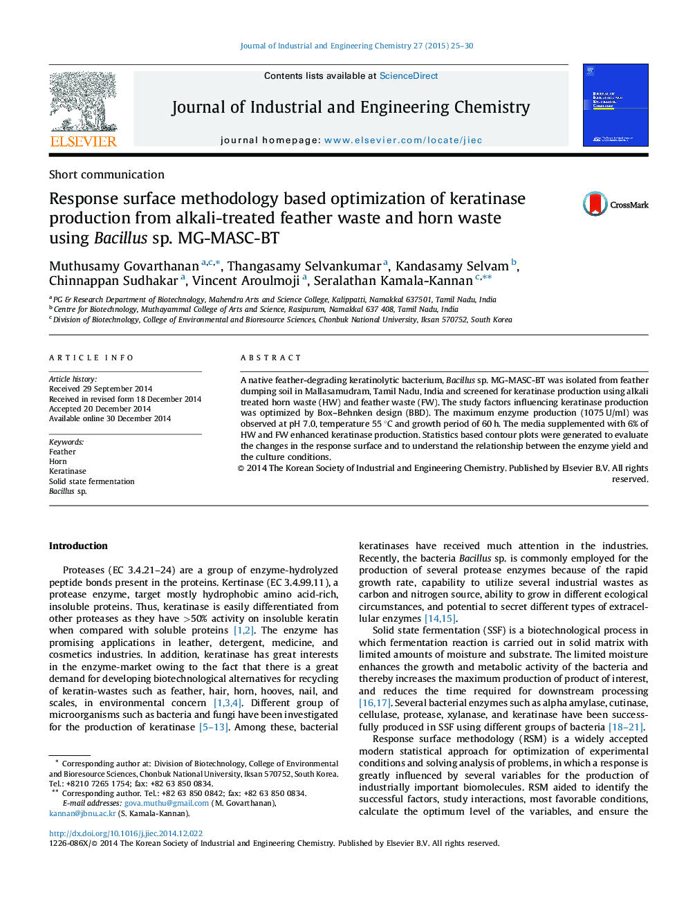 Response surface methodology based optimization of keratinase production from alkali-treated feather waste and horn waste using Bacillus sp. MG-MASC-BT