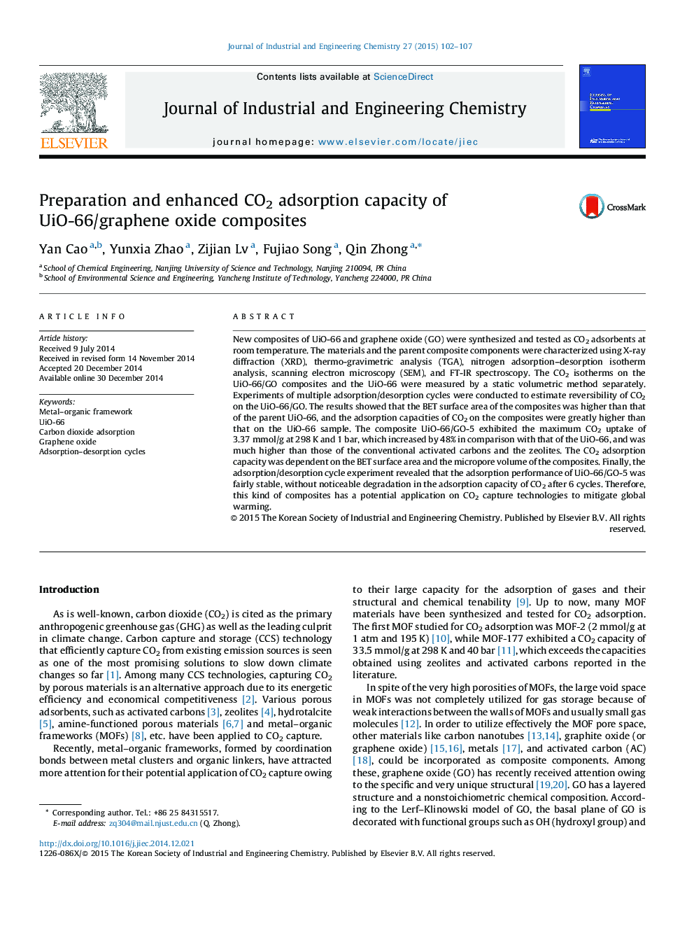 Preparation and enhanced CO2 adsorption capacity of UiO-66/graphene oxide composites