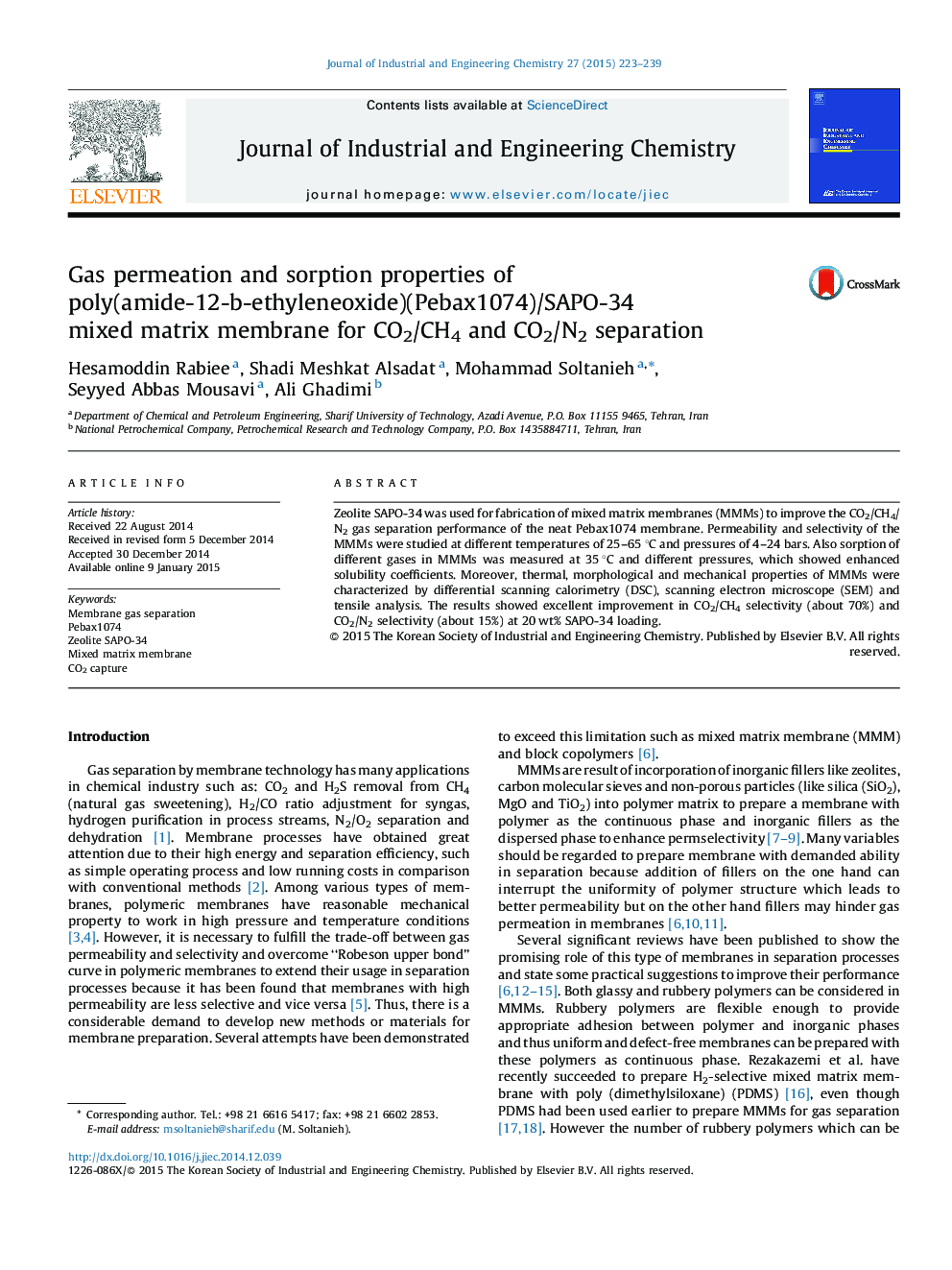 Gas permeation and sorption properties of poly(amide-12-b-ethyleneoxide)(Pebax1074)/SAPO-34 mixed matrix membrane for CO2/CH4 and CO2/N2 separation