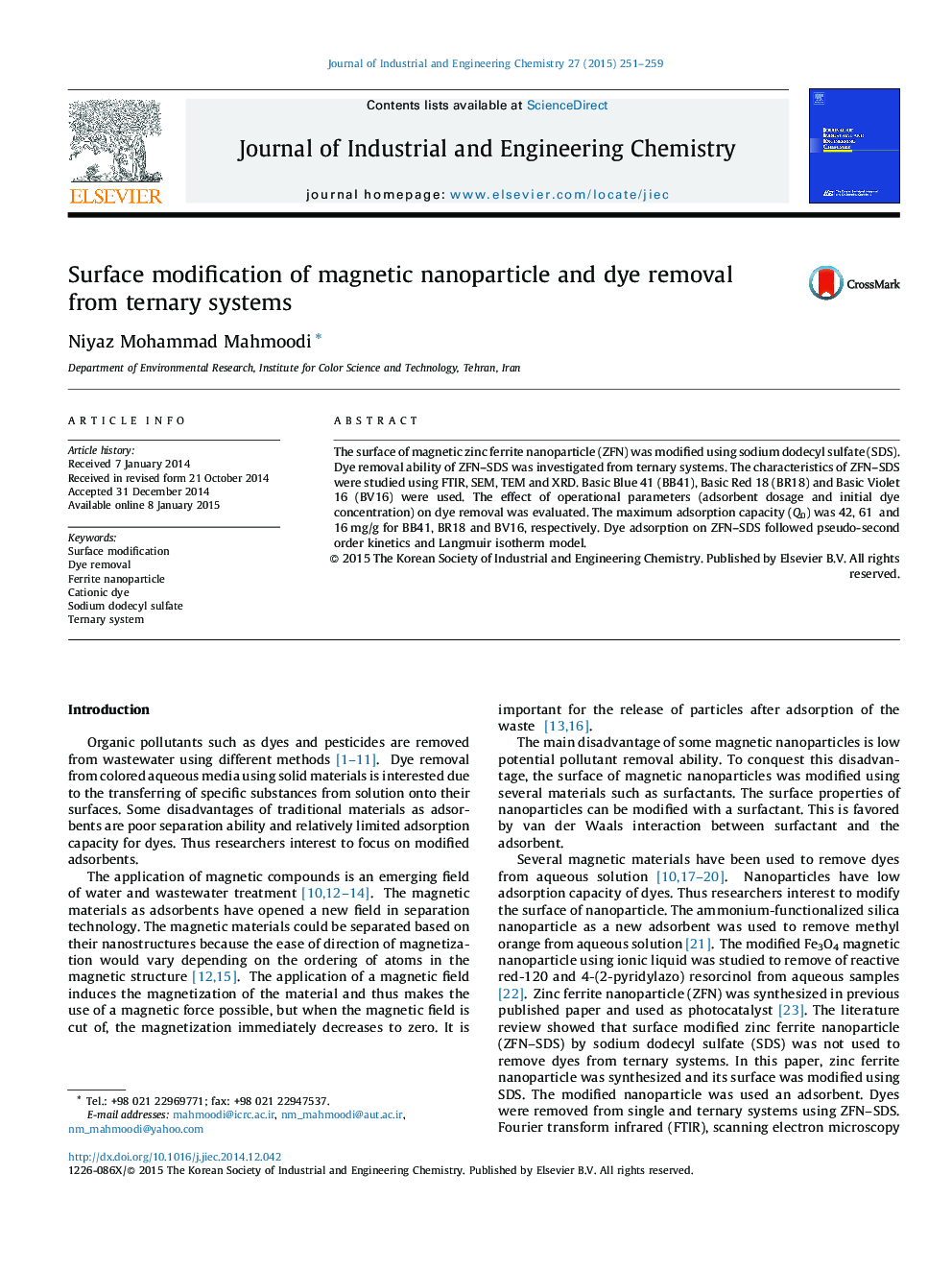 Surface modification of magnetic nanoparticle and dye removal from ternary systems