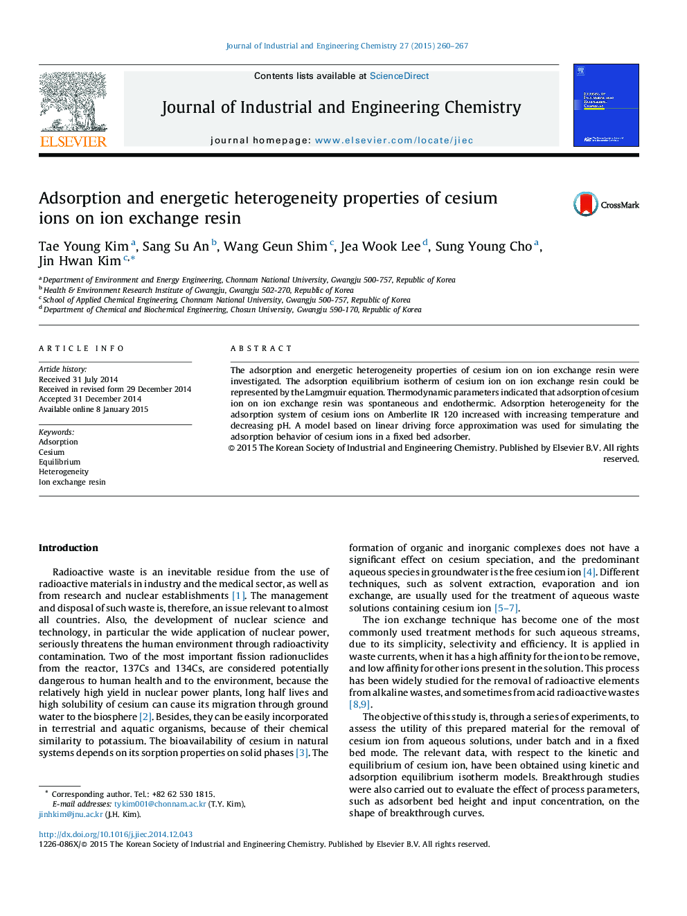 Adsorption and energetic heterogeneity properties of cesium ions on ion exchange resin