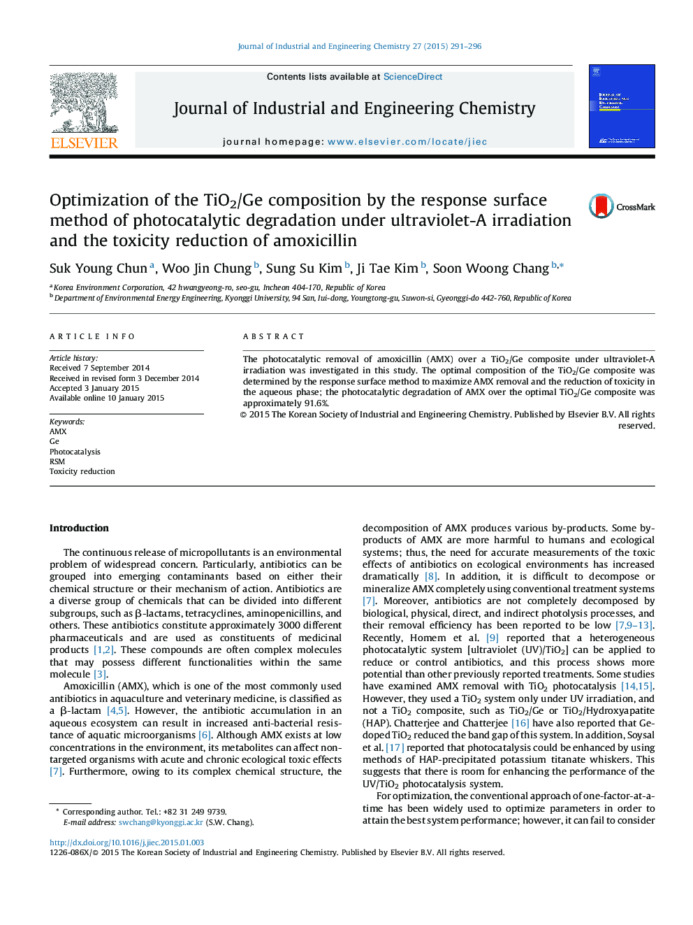 Optimization of the TiO2/Ge composition by the response surface method of photocatalytic degradation under ultraviolet-A irradiation and the toxicity reduction of amoxicillin