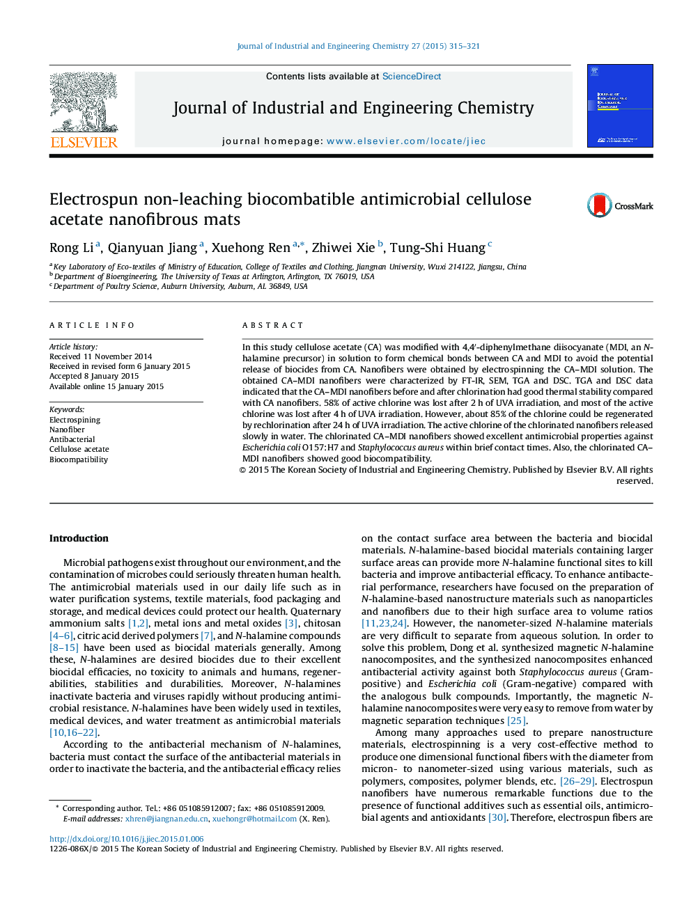 Electrospun non-leaching biocombatible antimicrobial cellulose acetate nanofibrous mats