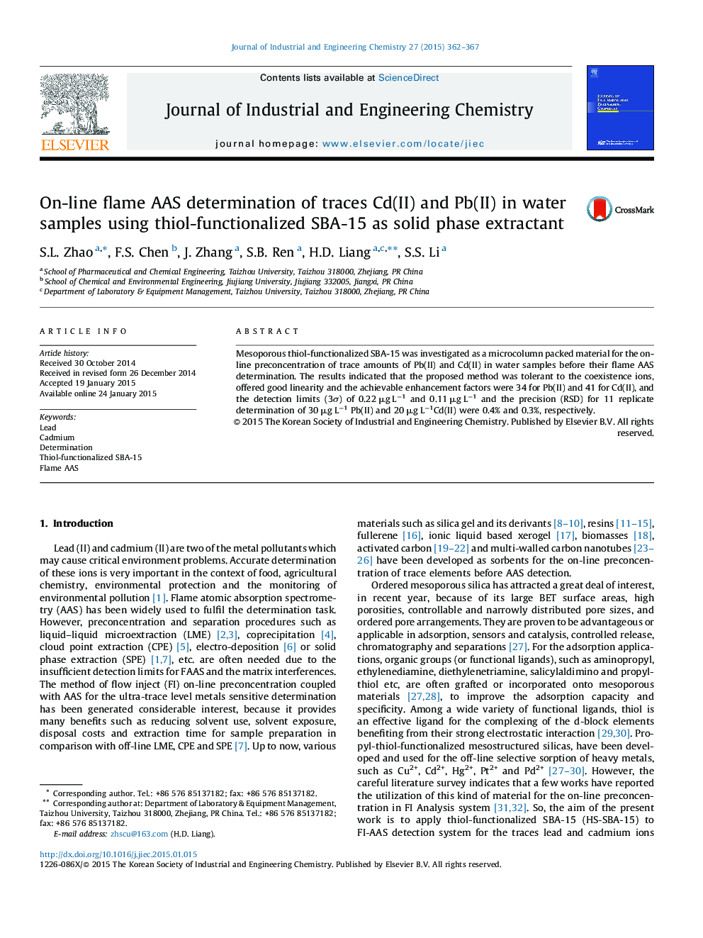 On-line flame AAS determination of traces Cd(II) and Pb(II) in water samples using thiol-functionalized SBA-15 as solid phase extractant