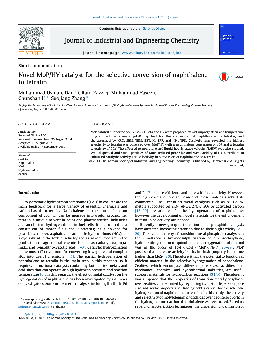 Novel MoP/HY catalyst for the selective conversion of naphthalene to tetralin