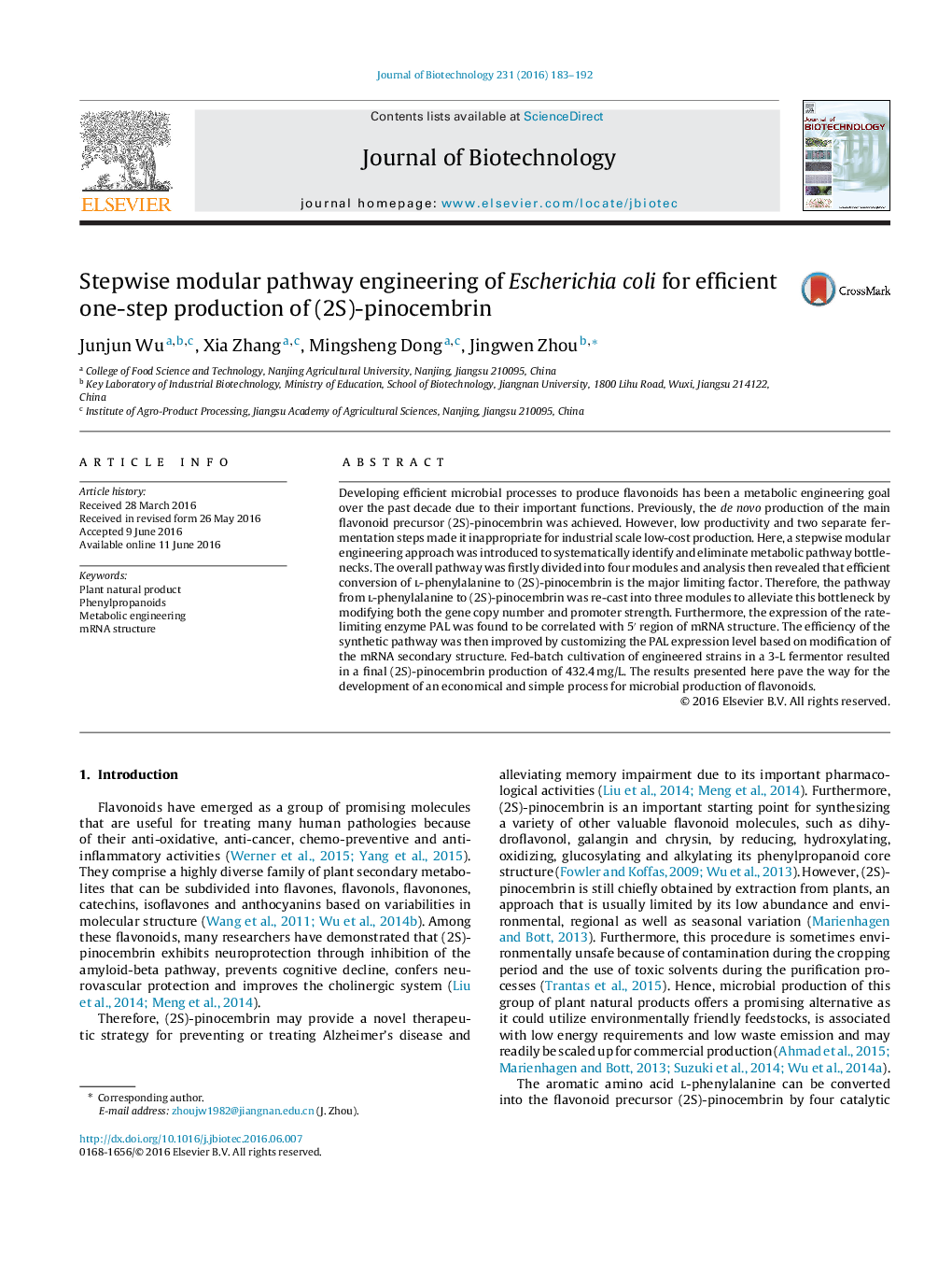 Stepwise modular pathway engineering of Escherichia coli for efficient one-step production of (2S)-pinocembrin