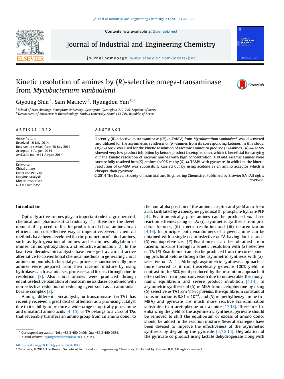 Kinetic resolution of amines by (R)-selective omega-transaminase from Mycobacterium vanbaalenii