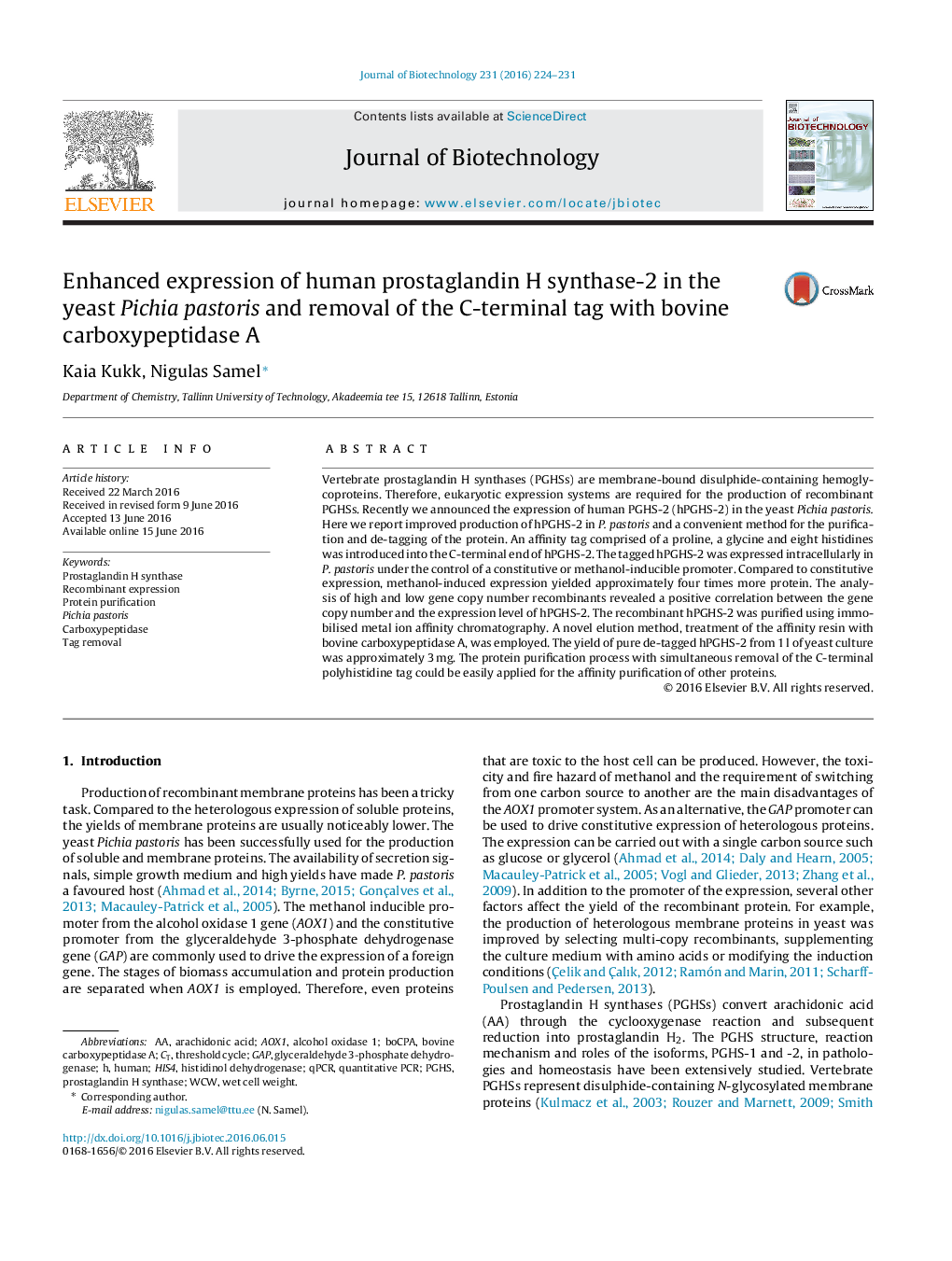 Enhanced expression of human prostaglandin H synthase-2 in the yeast Pichia pastoris and removal of the C-terminal tag with bovine carboxypeptidase A